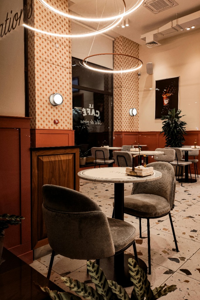 Cozy cafe interior with warm lighting